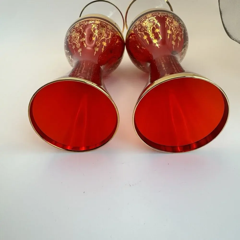 Vintage Vecchia Murano Italian Ruby‎ Red Bud Vase 24K Gold Leaf Overlay